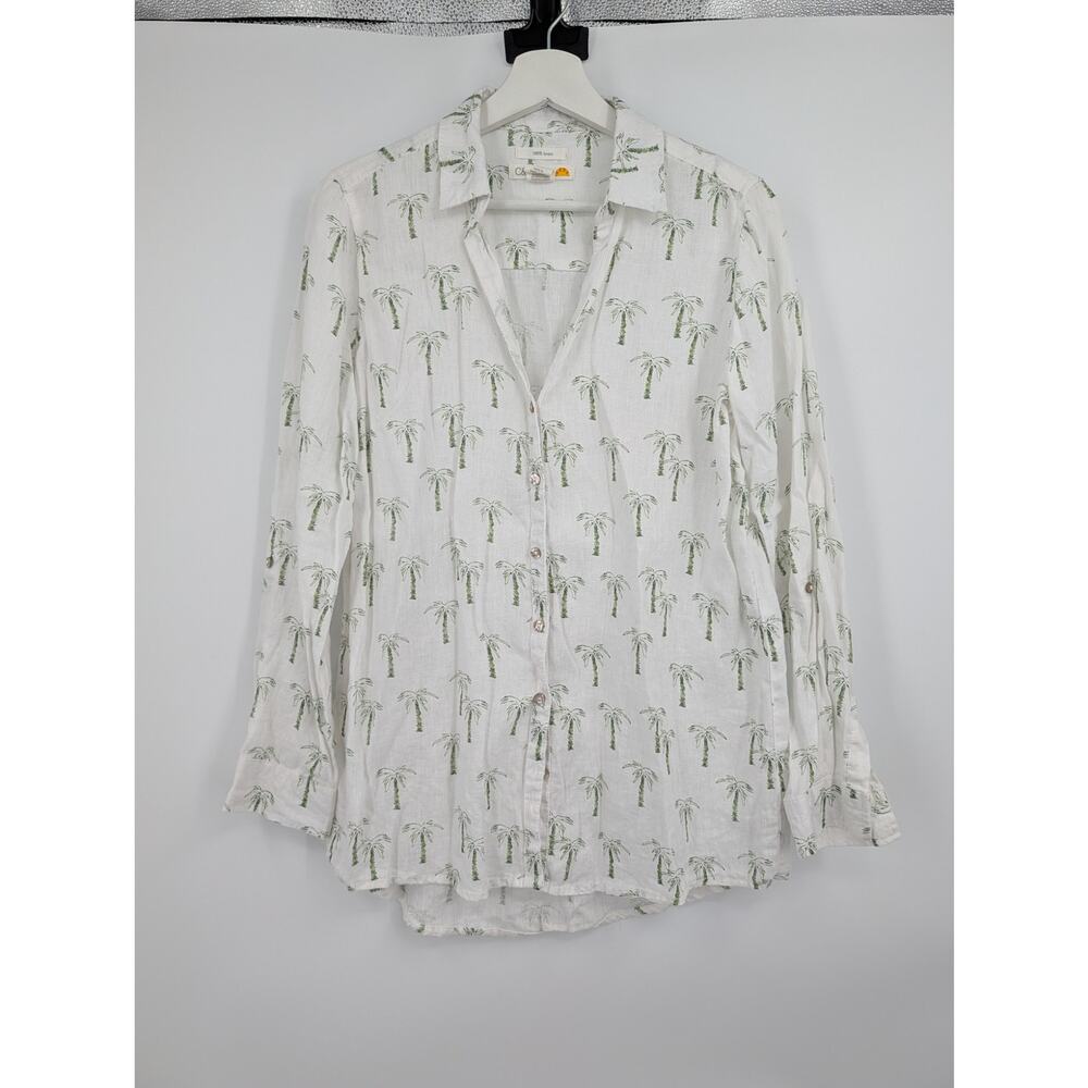 C&C California 100% Linen Blouse Palm Tree Tropical Long Slv Button-Tab Beachy S